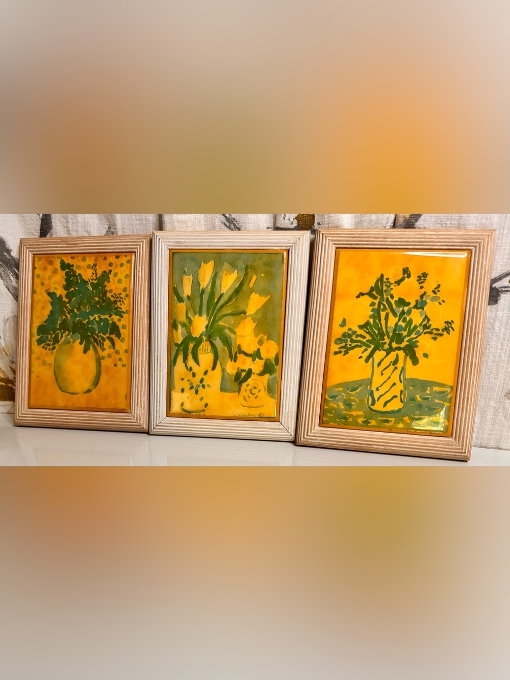 3  Signed Vintage Kimberley Entertainment Floral Ceramic Tile Art Panels